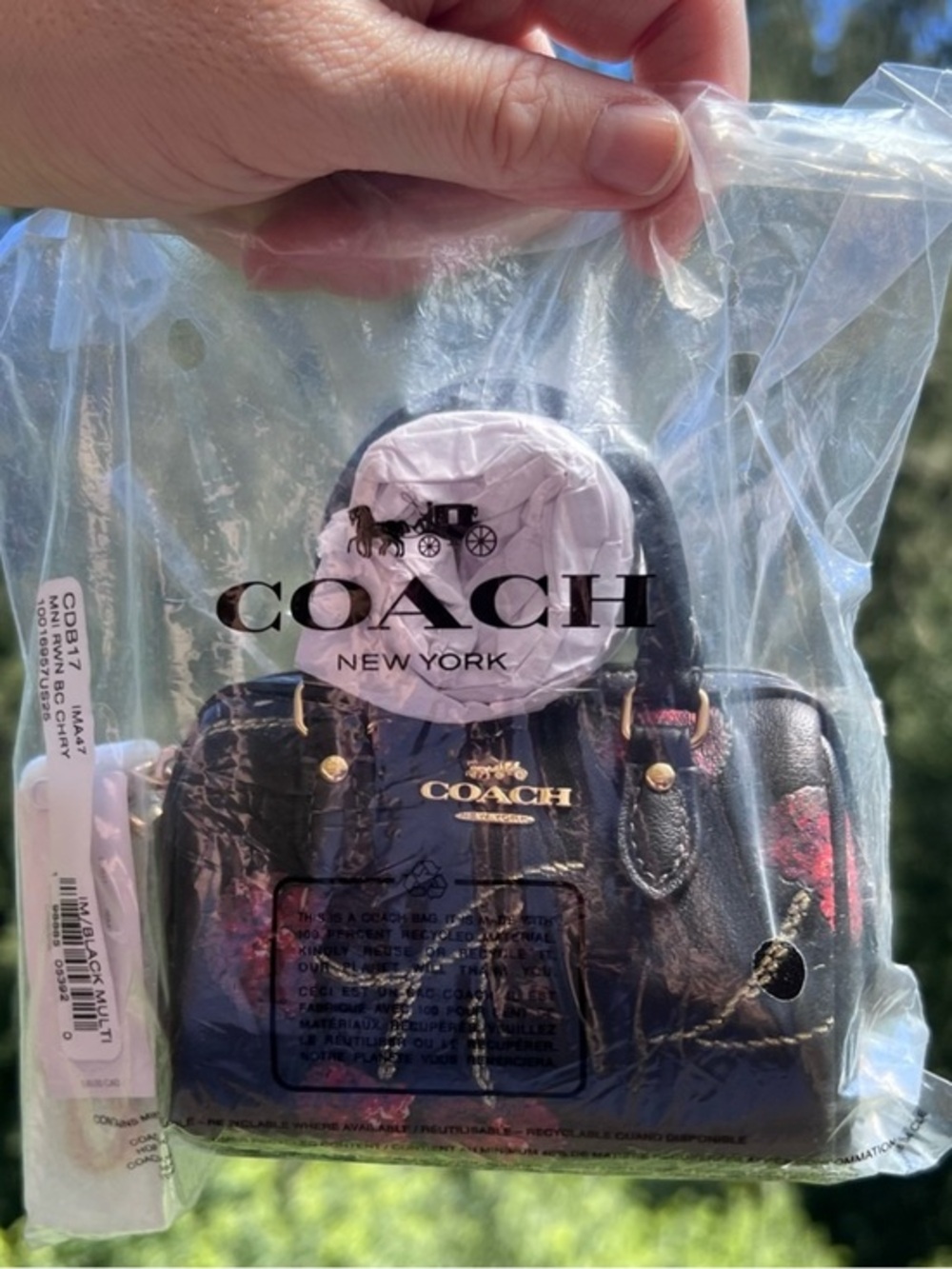 COACH Mini Rowan Bag Charm Black Multi w Sequin Cherry Print & Gold Hardware NWT